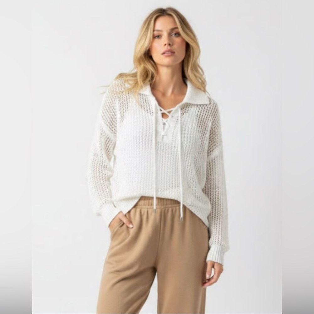 Joie Cream White Sparkle Crochet Knit SeeThrough Quiet Luxury Top Lace-Up Detail